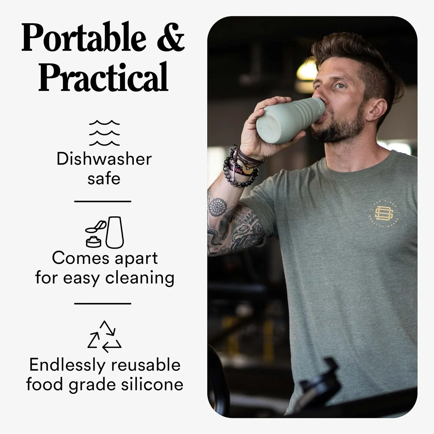 STOJO Collapsible Water Bottle  Carbon Gray, 20oz / 592ml - Leak-Proof Reusable Silicone Travel Cup for Hot & Cold Drinks - Microwave & Dishwasher Safe