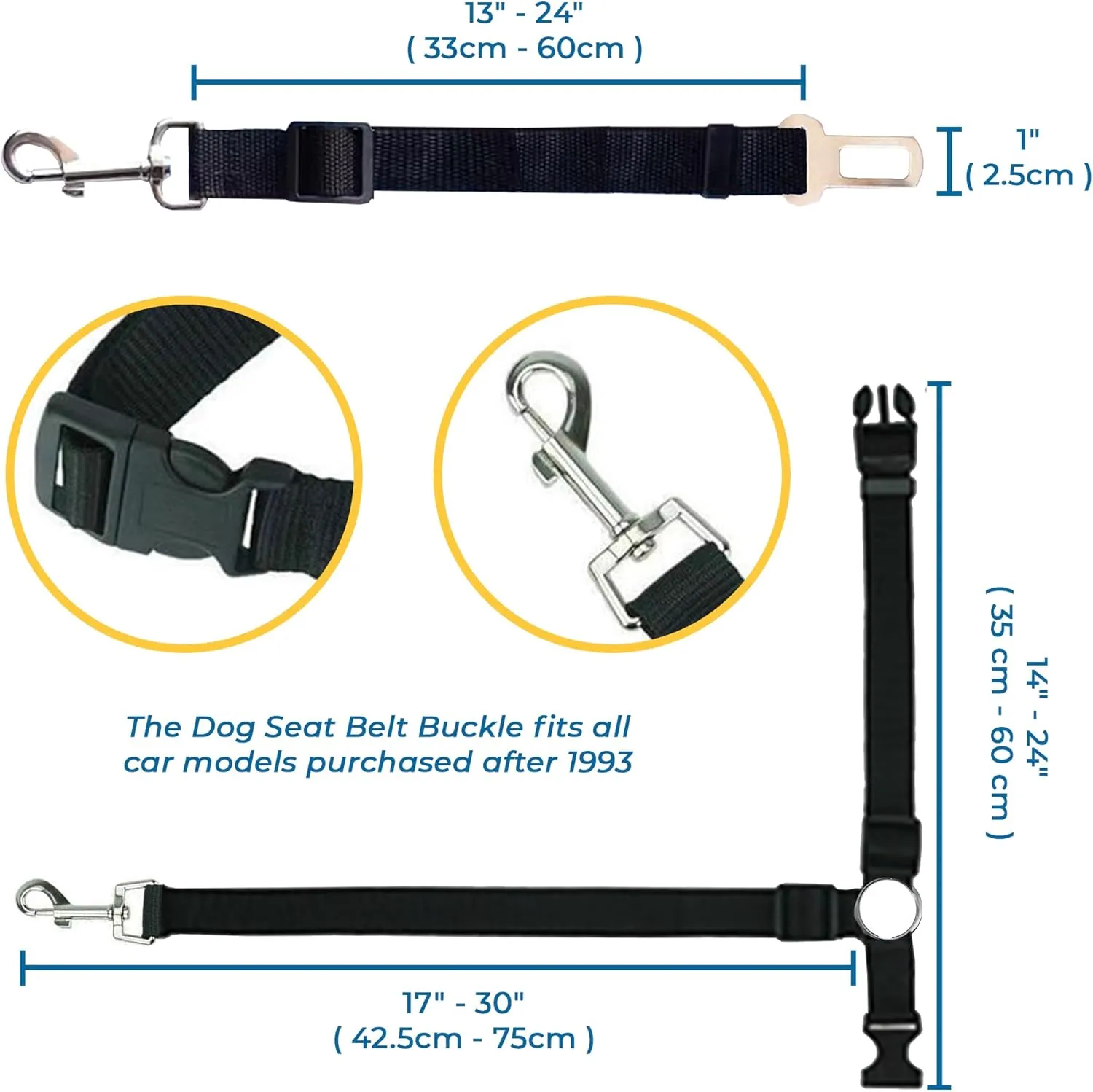 SunGrow Dog Seatbelt & Leash, Universal Vehicle Seatbelt Harness for Car Headrest, Pet Travel Essential, Adjustable Lead, Black Nylon, 19-31 & 14-19 x 17-30, 2 Pcs. Per Pack