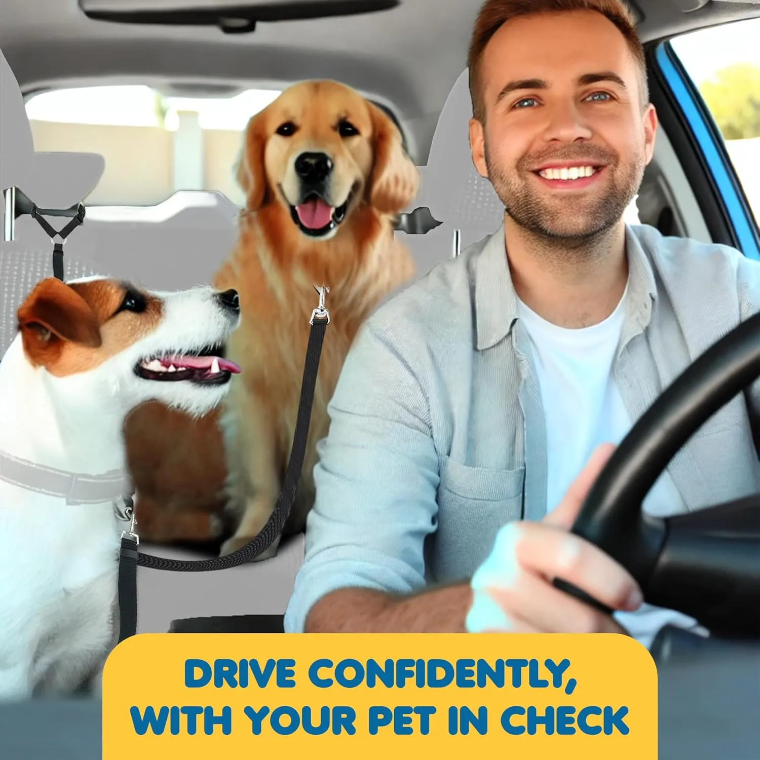 SunGrow Dog Seatbelt & Leash, Universal Vehicle Seatbelt Harness for Car Headrest, Pet Travel Essential, Adjustable Lead, Black Nylon, 19-31 & 14-19 x 17-30, 2 Pcs. Per Pack