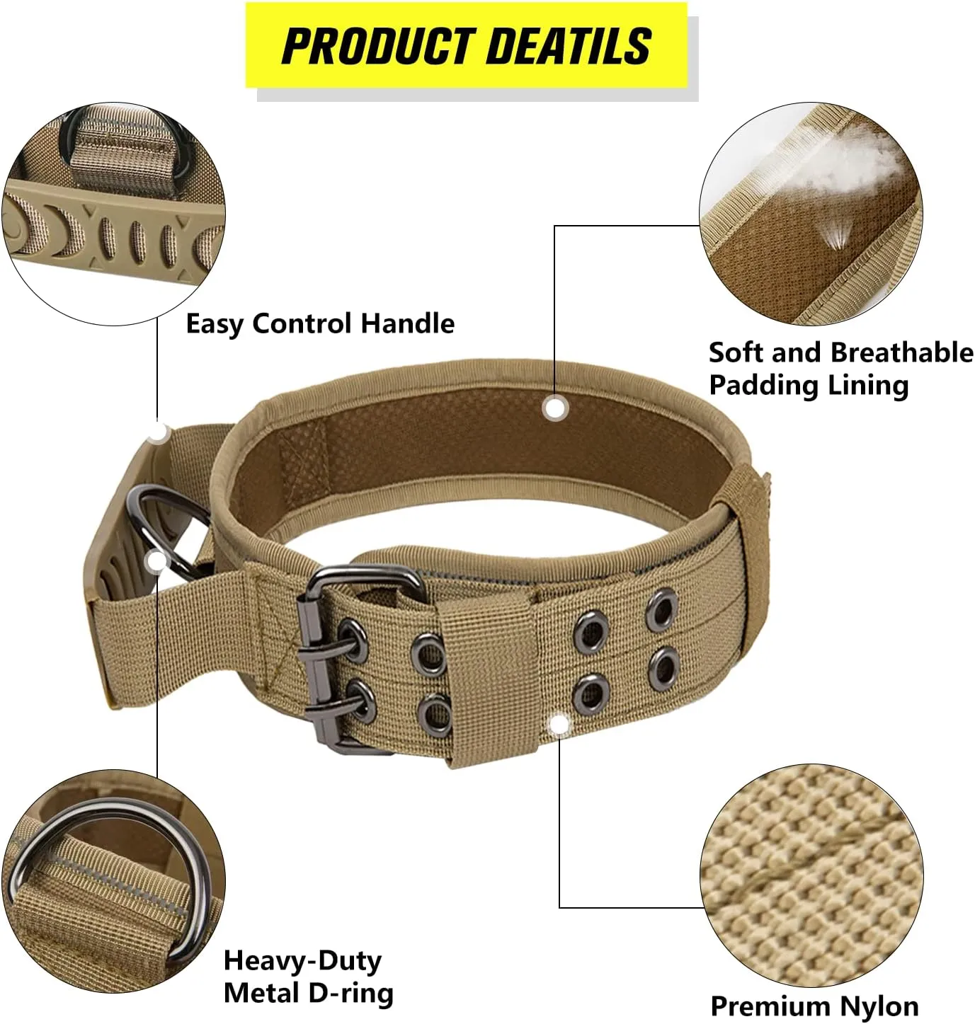 Tactical Dog Collar with Handle - Military Adjustable Dog Training Collar Soft Nylon and Heavy Duty Metal Buckle for Medium Large Dogs - with Patch (Brown with Patch, Medium)