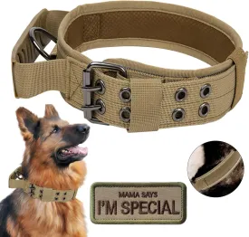 Tactical Dog Collar with Handle - Military Adjustable Dog Training Collar Soft Nylon and Heavy Duty Metal Buckle for Medium Large Dogs - with Patch (Brown with Patch, Medium)