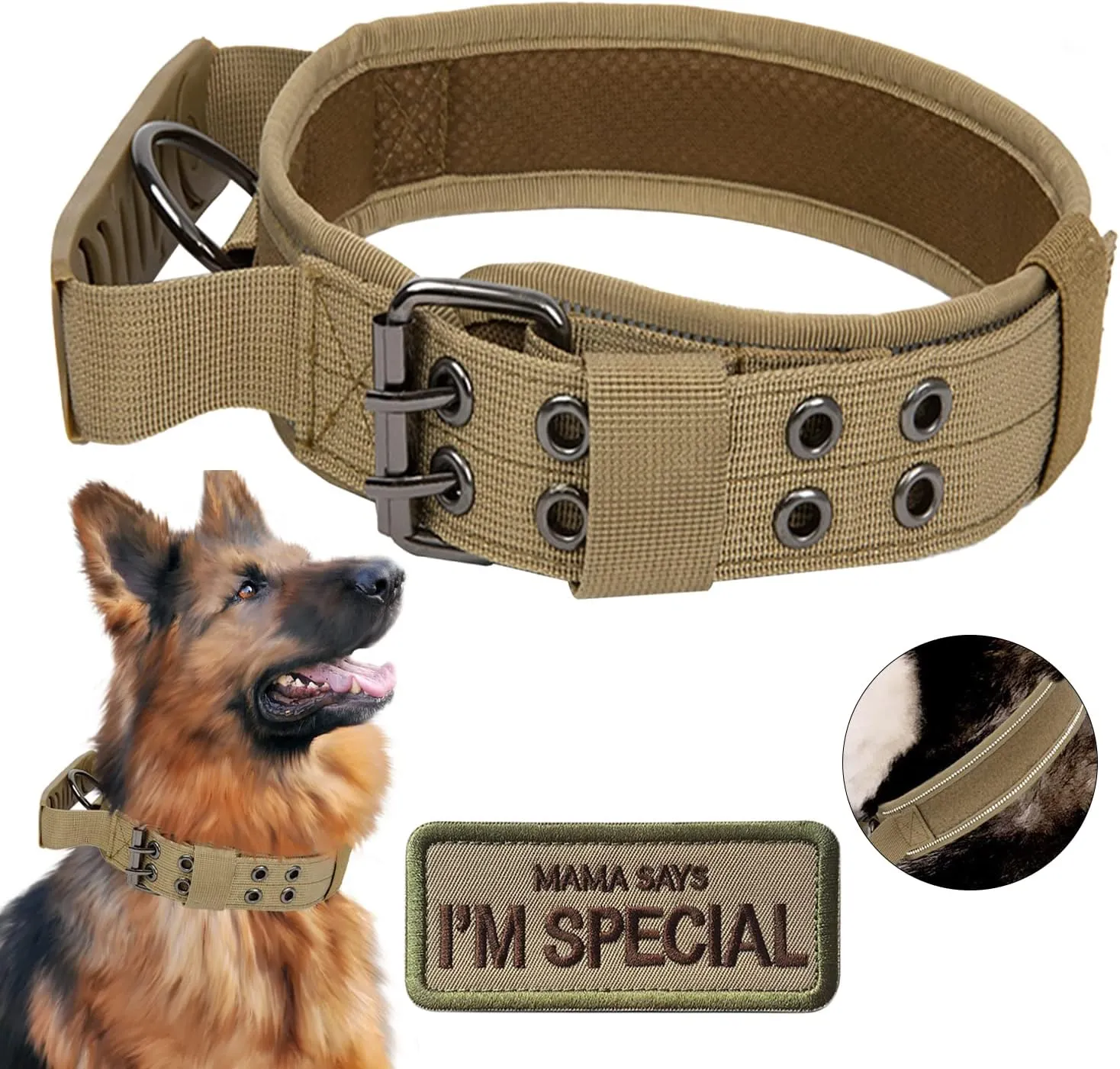 Tactical Dog Collar with Handle - Military Adjustable Dog Training Collar Soft Nylon and Heavy Duty Metal Buckle for Medium Large Dogs - with Patch (Brown with Patch, Medium)