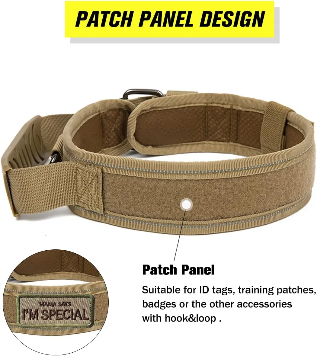Tactical Dog Collar with Handle - Military Adjustable Dog Training Collar Soft Nylon and Heavy Duty Metal Buckle for Medium Large Dogs - with Patch (Brown with Patch, Medium)