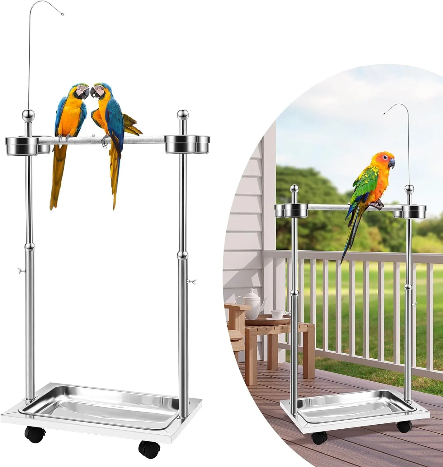 Tandefio Parrot Stand Bird Play Stand 21.65 x 15.35 x 27.95 Inches Large Metal Stainless Steel Bird Playstand Adjustable Height Perch with Universal Wheels and Feeding Bowls