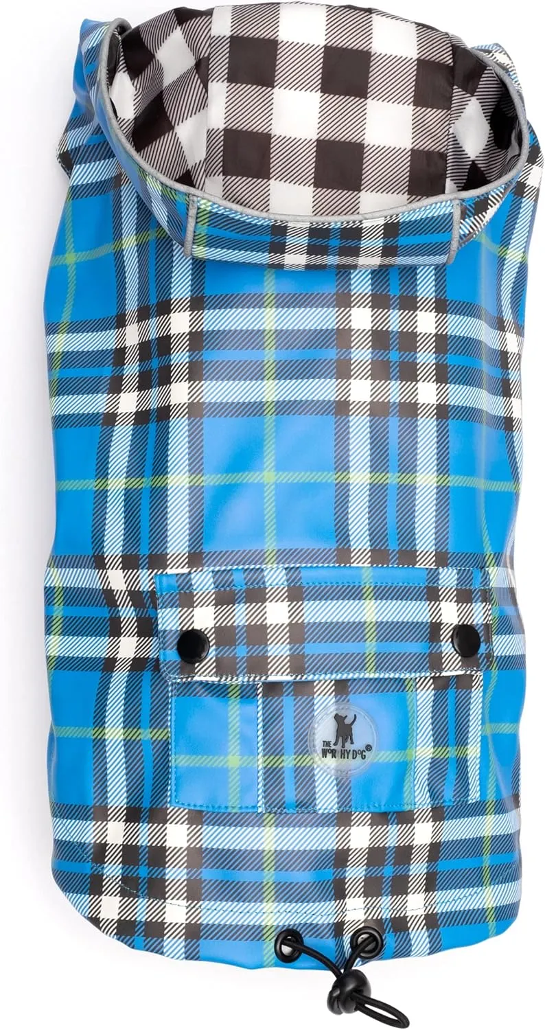 The Worthy Dog Plaid London Raincoat - Adjustable Fit Waterproof Dog Jacket with Reflective Piping and Velcro Closures for Extra Small to 2X Large Dogs - Blue