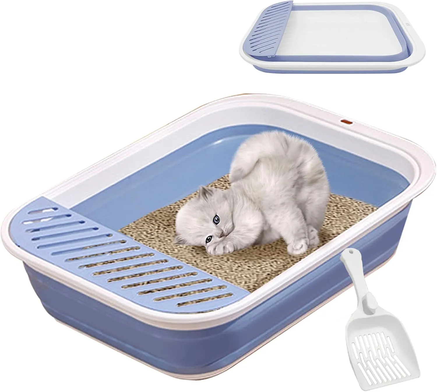 VCEPJH Collapsible Small Cat Litter Box Open Kitten Potty Pan with Scoop Foldable Shallow Cat Toilet Waterproof Travel Litterbox for Small-Sized Cats 17.7x13.4x4.9in (Blue M)