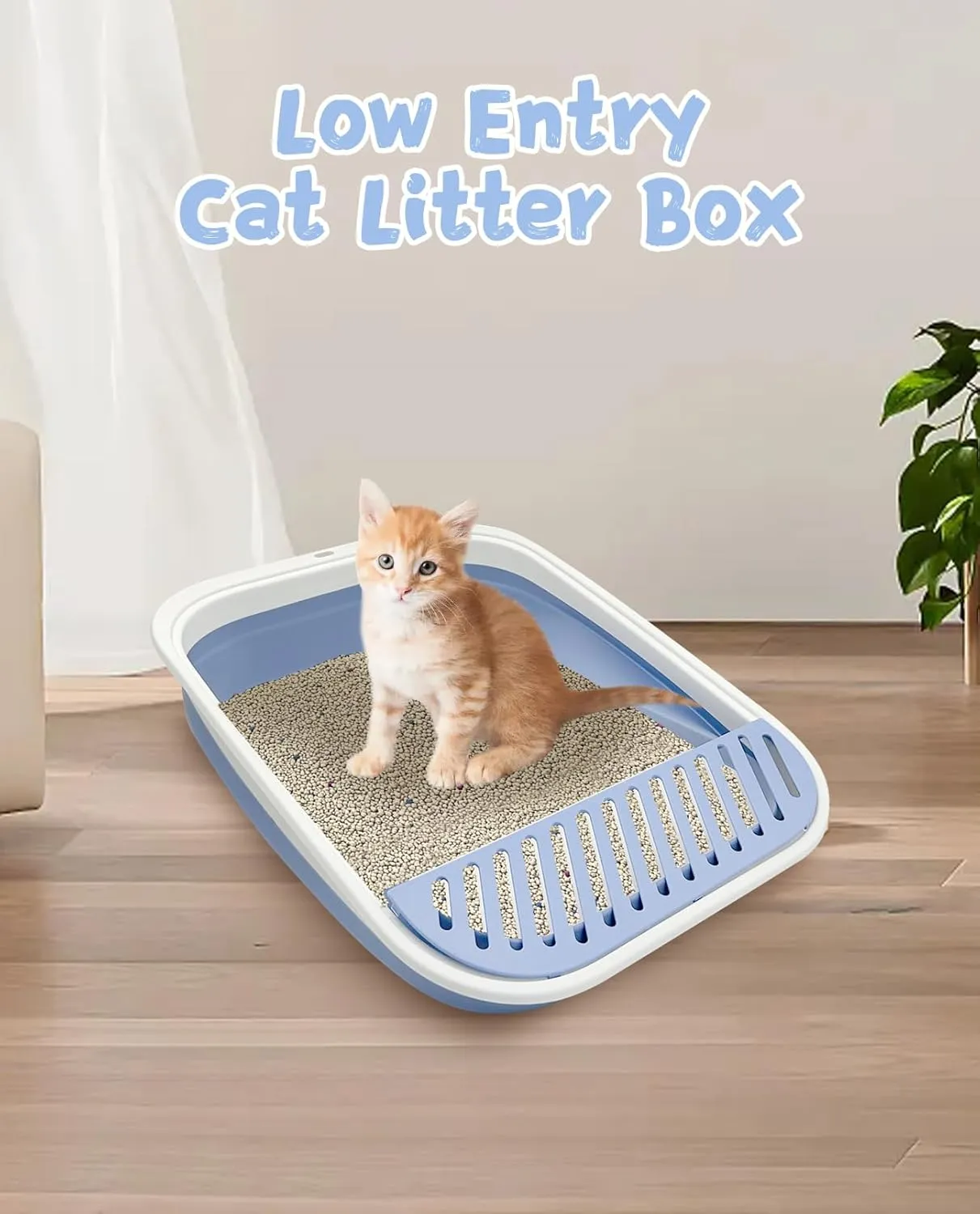 VCEPJH Collapsible Small Cat Litter Box Open Kitten Potty Pan with Scoop Foldable Shallow Cat Toilet Waterproof Travel Litterbox for Small-Sized Cats 17.7x13.4x4.9in (Blue M)