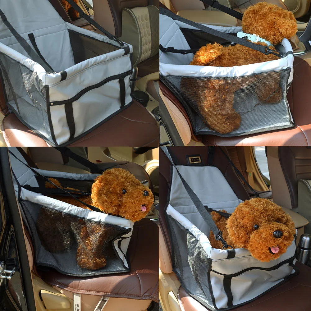 Waterproof and Foldable Car Booster Seat for Dogs with Clip-On Safety Leash and Storage Pocket.