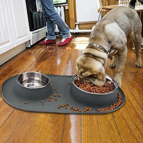 WESEN Dog Bowls 80 oz Stainless Steel Dog Food Bowl & Pet Bowl with No- Spill Non-Skid Silicone Mat Dog Feeder Bowls for Dogs Cats and Pets Grey Set of 2