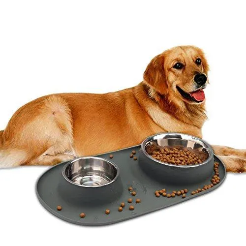 WESEN Dog Bowls 80 oz Stainless Steel Dog Food Bowl & Pet Bowl with No- Spill Non-Skid Silicone Mat Dog Feeder Bowls for Dogs Cats and Pets Grey Set of 2