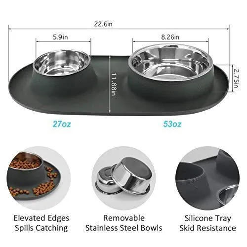 WESEN Dog Bowls 80 oz Stainless Steel Dog Food Bowl & Pet Bowl with No- Spill Non-Skid Silicone Mat Dog Feeder Bowls for Dogs Cats and Pets Grey Set of 2