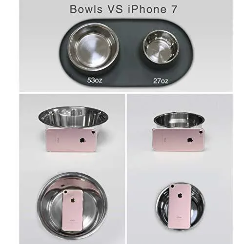WESEN Dog Bowls 80 oz Stainless Steel Dog Food Bowl & Pet Bowl with No- Spill Non-Skid Silicone Mat Dog Feeder Bowls for Dogs Cats and Pets Grey Set of 2