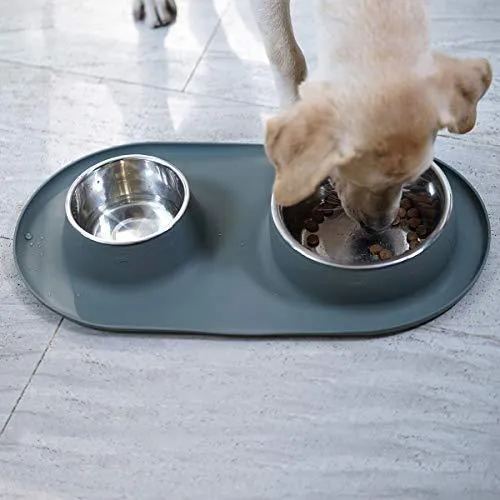 WESEN Dog Bowls 80 oz Stainless Steel Dog Food Bowl & Pet Bowl with No- Spill Non-Skid Silicone Mat Dog Feeder Bowls for Dogs Cats and Pets Grey Set of 2
