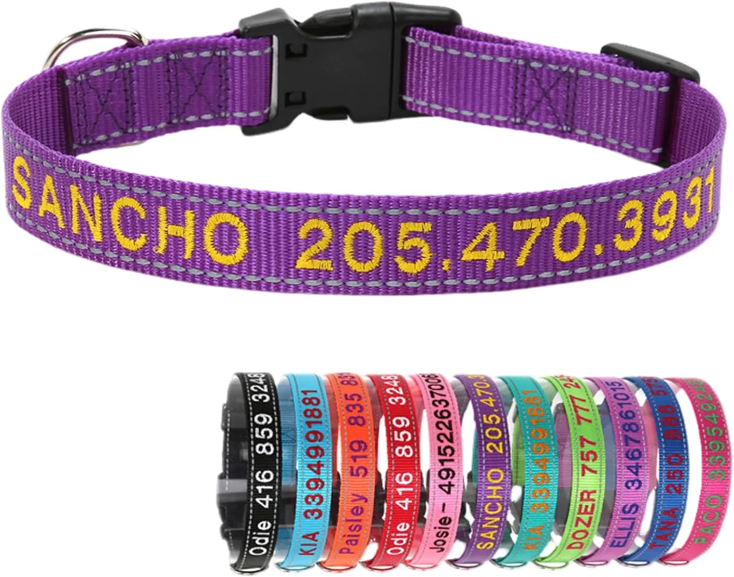 Yonsbox Dark Purple Reflective Personalized Dog Collar with Name Phone Number Quick Release Buckle Custom Embroidered for Boy Girl Small Medium Large Dogs
