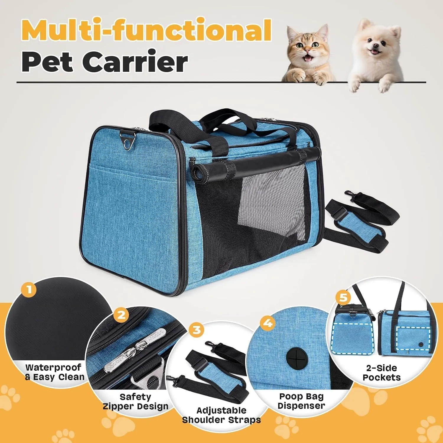 YUDODO 25 lbs Lightproof Airline Approved Cat Small Dog Carrier for Travel Bag Soft Sided Pet Puppy Carriers with Side Pockets & Reflective Mesh, Foldable Portable for Outdoor Car Large Lake Blue